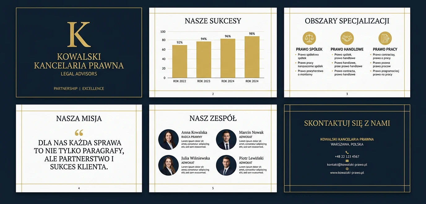 Sześć slajdów prezentacji kancelarii prawnej: slajd tytułowy z monogramem, wykres wyników, obszary specjalizacji z ikonami, cytat, zespół z portretami i slajd kontaktowy.