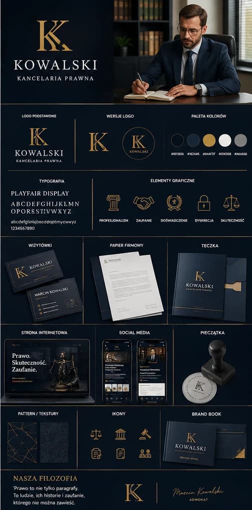 Plansza identyfikacji wizualnej kancelarii prawnej: monogram, wersje logo, paleta granatu i złota, typografia, ikony, wizytówki, papier firmowy, teczka, strona internetowa, pieczątka i brand book.