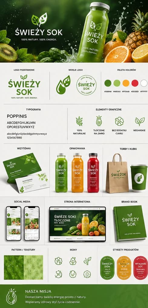 Plansza identyfikacji wizualnej marki soków tłoczonych: logo z liściem, paleta zieleni i cytrusów, typografia, ikony, wizytówki, opakowania butelek, torby, kubki, social media, strona internetowa i etykiety produktów.