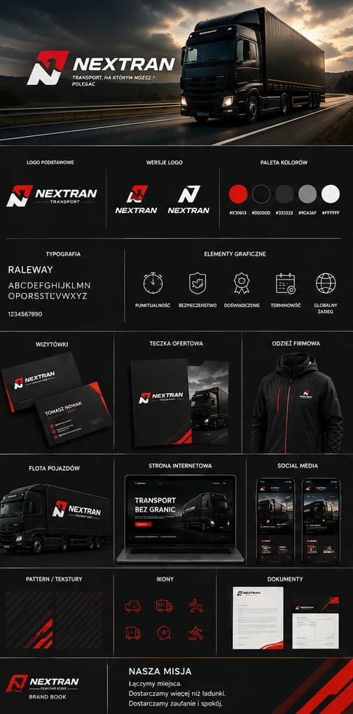 Plansza identyfikacji wizualnej firmy transportowej: logo, wersje znaku, paleta czerwieni i czerni, typografia, ikony, wizytówki, teczka ofertowa, odzież firmowa, oklejenie floty, strona internetowa i dokumenty.