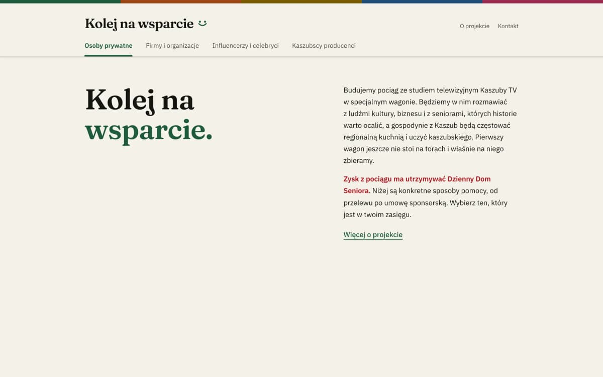 Strona zbiórki Fundasy na monitorze: wstęp o projekcie i kafelki z formami pomocy