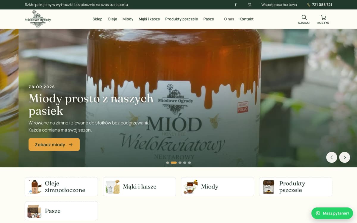 Strona główna sklepu Miodowe Ogrody na monitorze: miody i produkty pasieczne