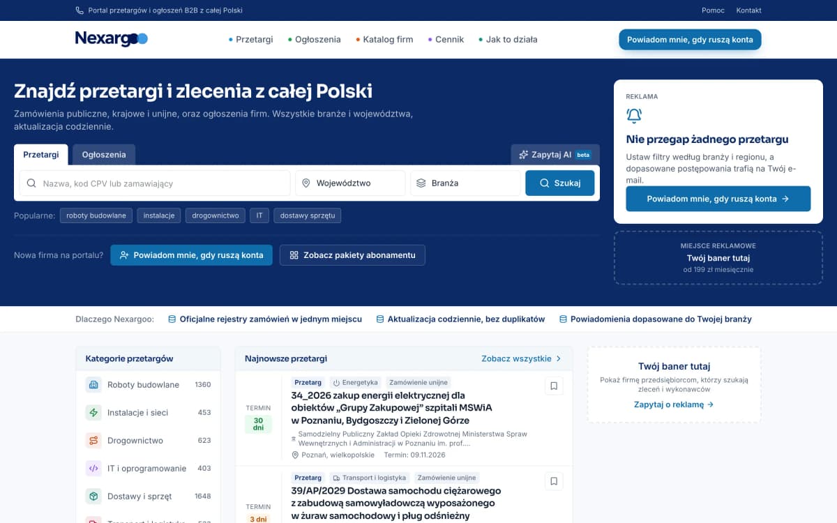 Strona główna portalu Nexargoo na monitorze: wyszukiwarka przetargów i lista najnowszych postępowań