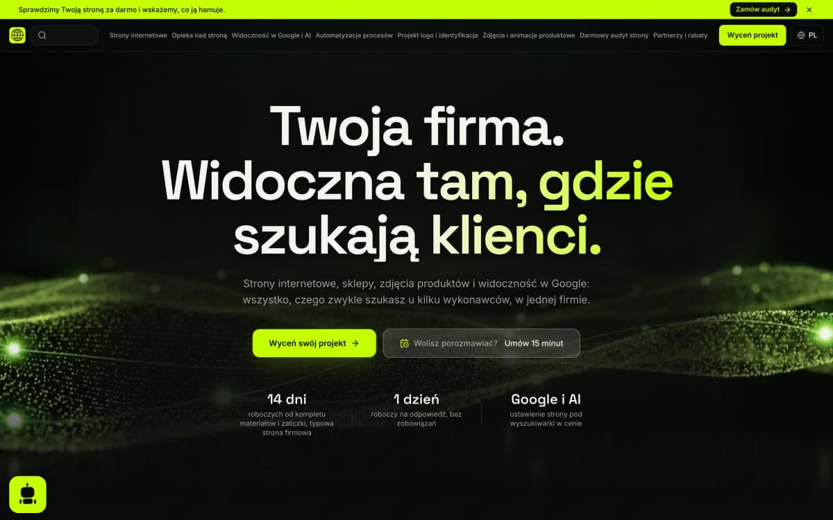 Strona główna ProVisualDynamics na monitorze: hero z filmem i nagłówkiem o widoczności firmy